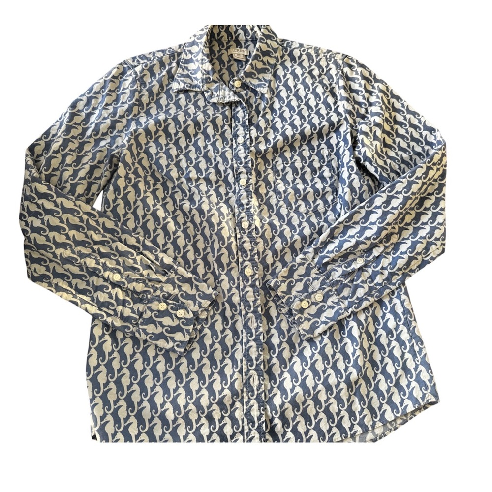 J. Crew Blue and White Seahorse Print Button-Down Shirt